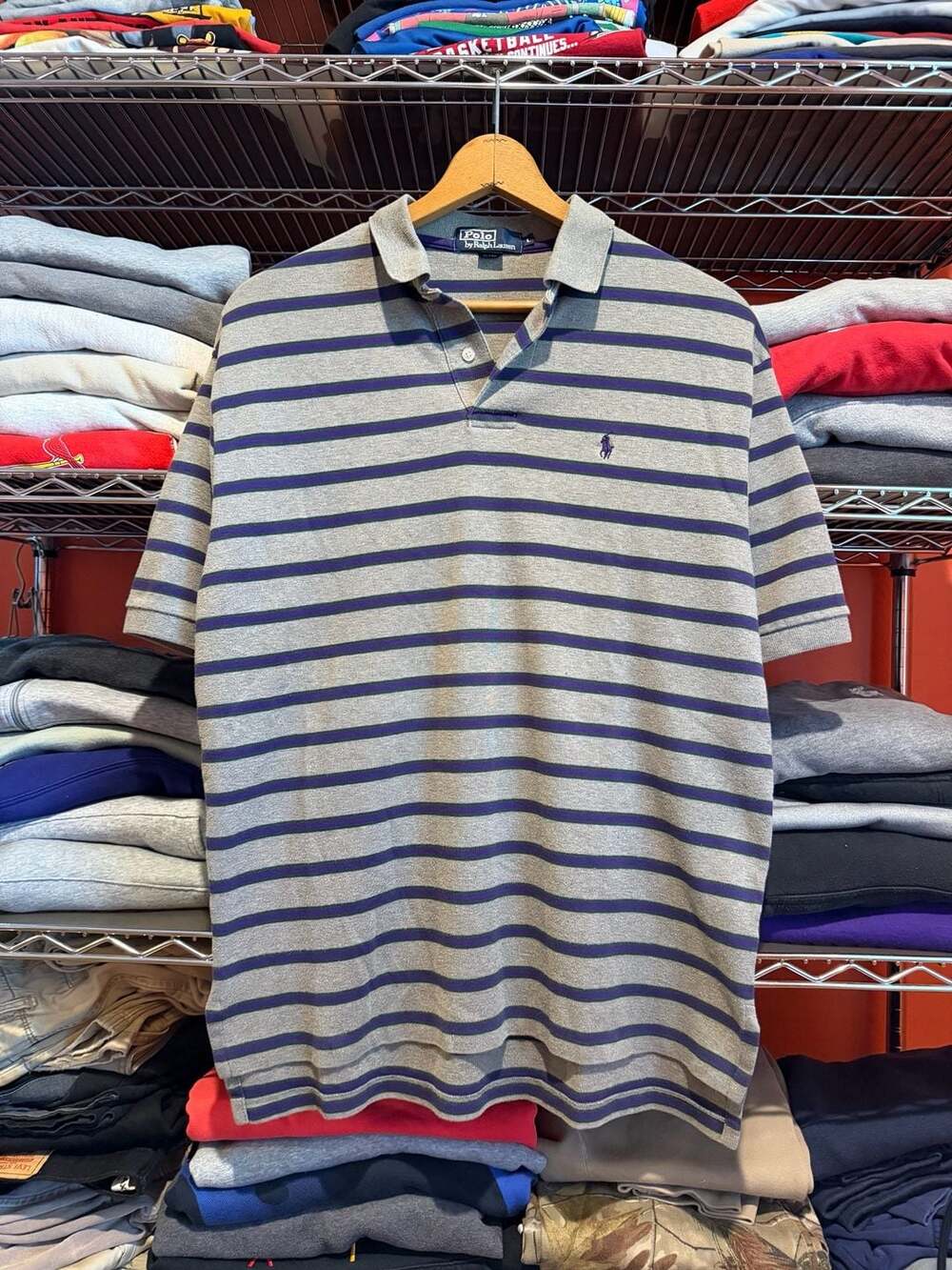 Polo Ralph Lauren Striped Polo Shirt Size L Gray Purple Cotton